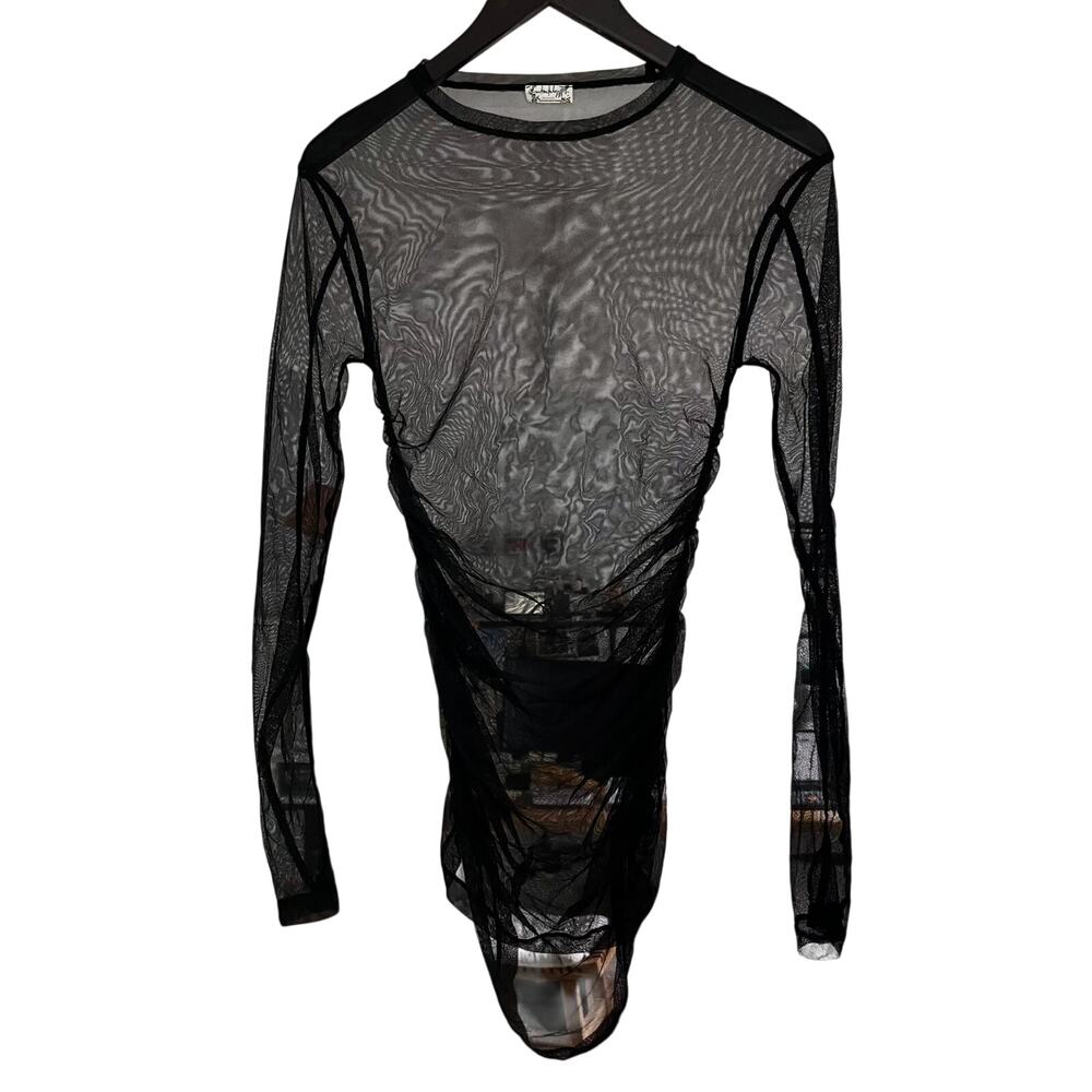 Free People Intimately Black Sheer Mesh Ruched Long Sleeve Top S Gothic Y2K